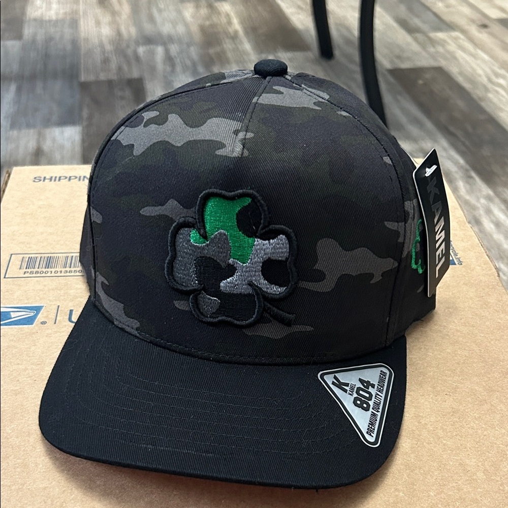 Black Camo Kids Hat with Clover Design